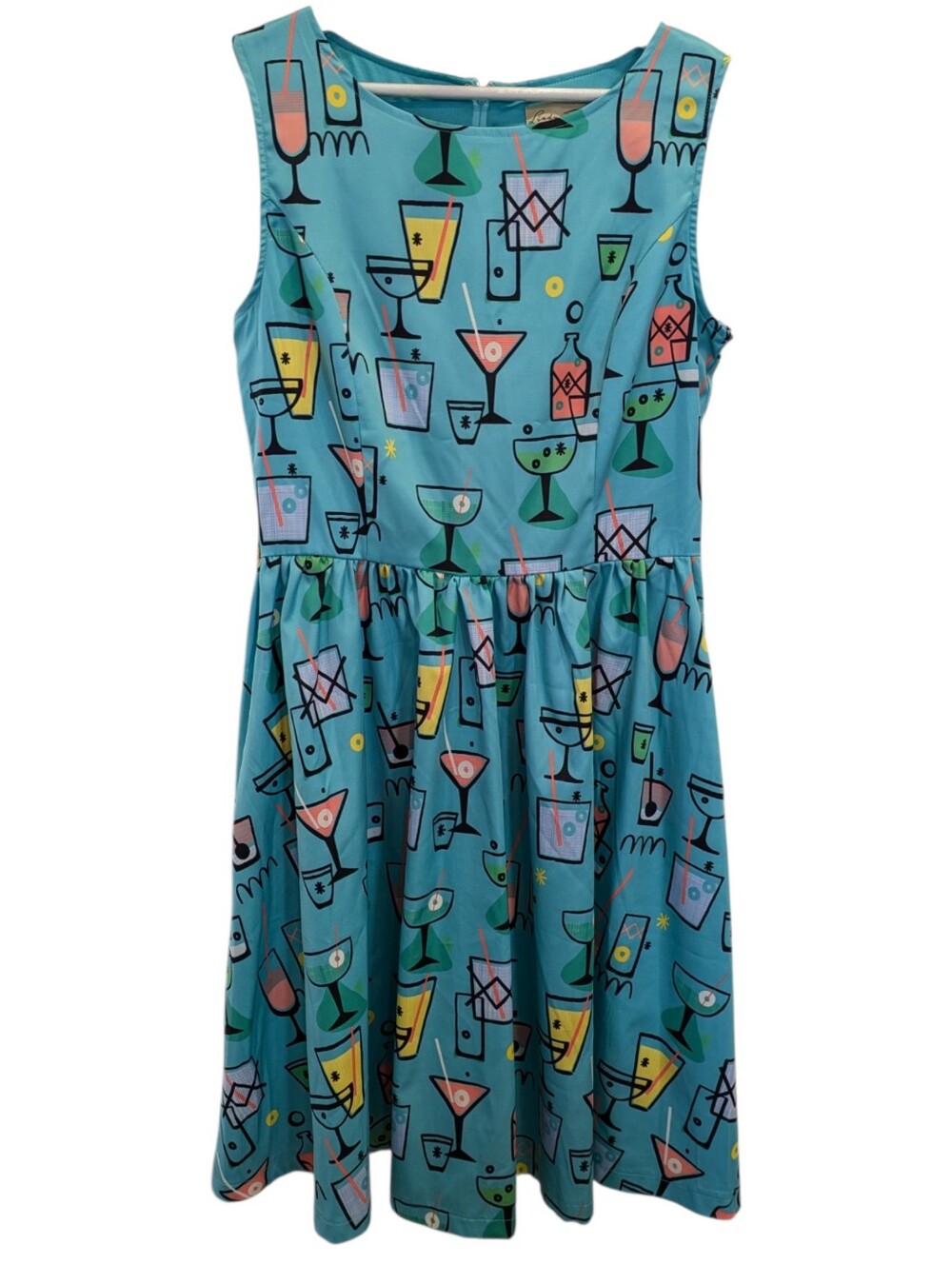 Lindy Bop Audrey Cocktail Print Swing Dress Size 10 Aqua Rockabilly Pin Up 50s